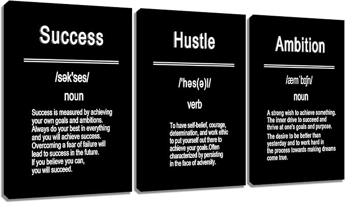 Success Hustel Ambition 3 Pieces Motivational Canvas Wall Art Inspirational Quote HD Pictures Wall Decor Posters Painting Artwork for Living Room Office Workplace Stretched and Framed [72''Wx 36''H]