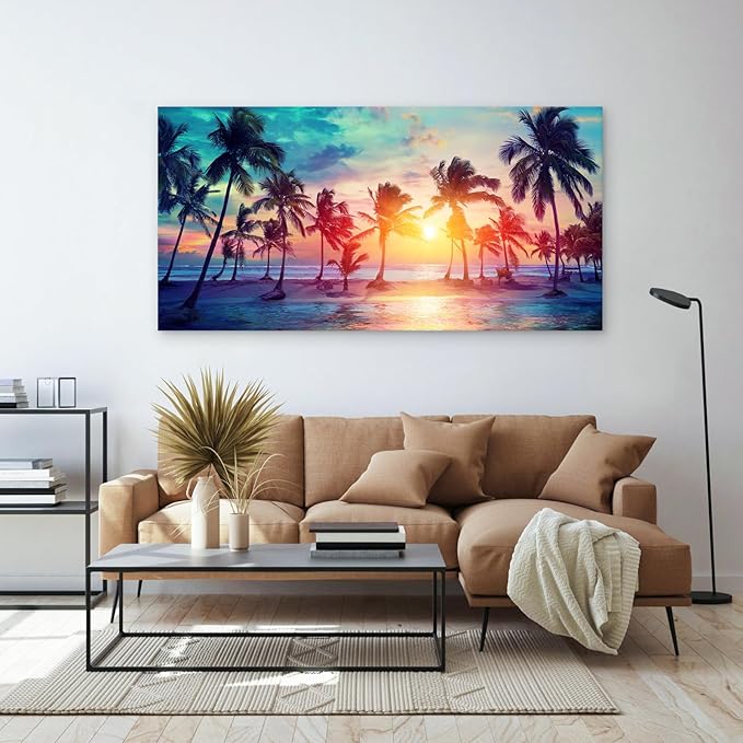 DZL Art S75598 Canvas Wall Art Palm Trees Silhouettes On Tropical Beach At Sunset Beach Seascape Painting Nature Pictures for Living Room Home Office Wall Decor Artwork