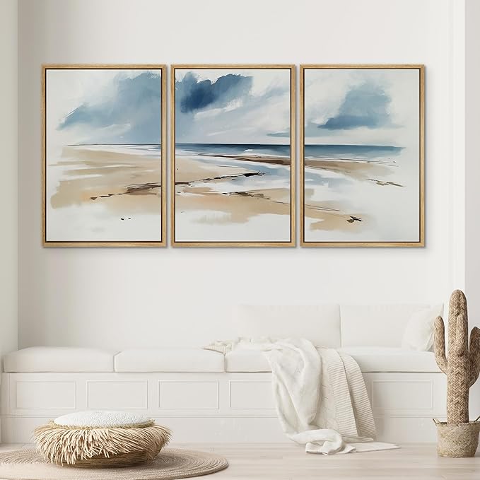 SIGNWIN Framed Canvas Print Wall Art Set Coastal Beach Horizon Blue and Tan Seascape Illustrations Modern Art Decorative Boho Relax/Zen Nordic for Living Room, Bedroom, Office - 24"x36"x3 Natural