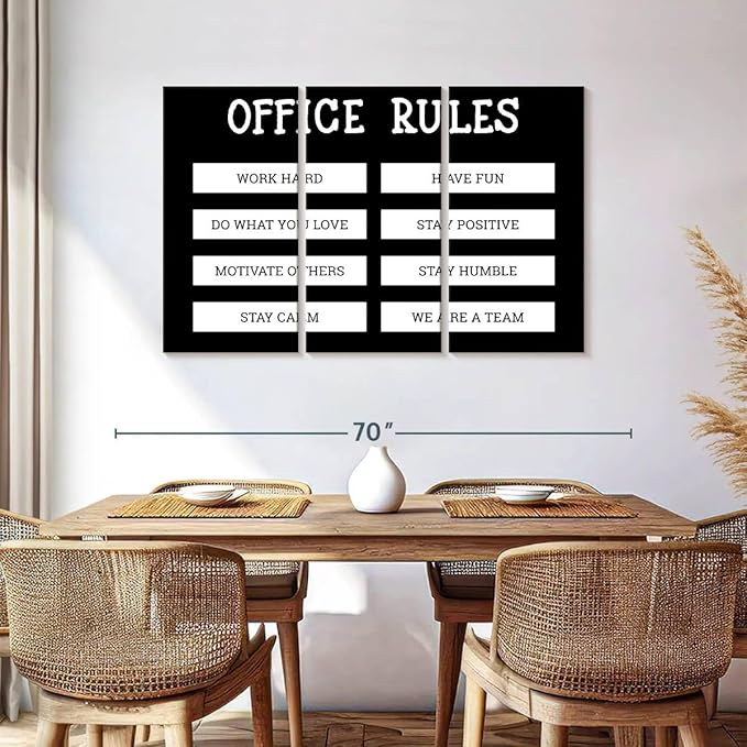 Elephant Stock - Office Rules Wall Art - Horizontal Multi Panel Canvas - 3 Piece Home Office Wall Decor - Digital Art Motivational Typography Multi Piece Wall Art - Black And White Decor by Cad Designs - 57" x 36"
