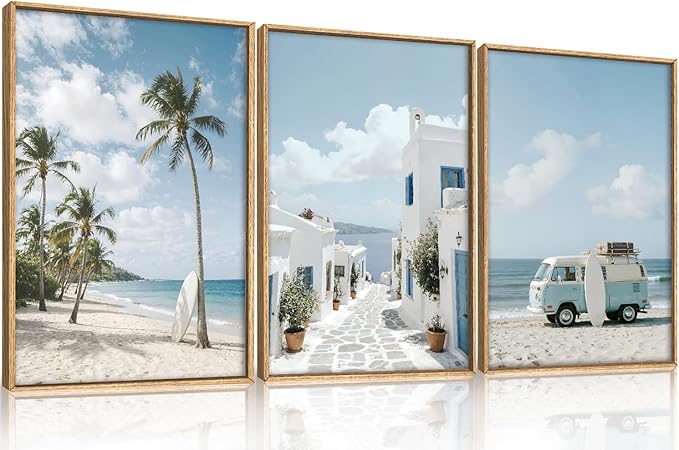 Large Summer Coastal Framed Canvas Wall Art Set,Modern Beach Surfboard Wall Decor,Seaside Palm Tree Art Prints,Vintage Blue Van Artwork for Living Room,Bedroom,Office -24"x36"x3
