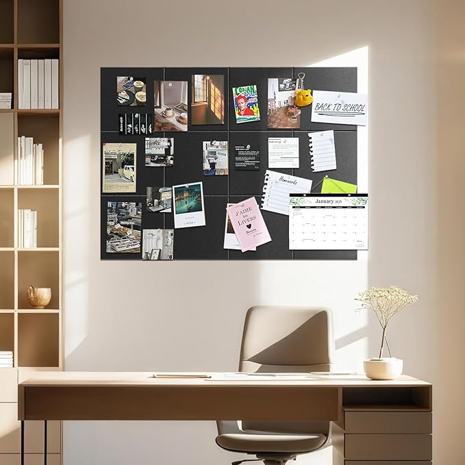 TSJOFFICE Large Cork Board for Wall - Bulletin Board 48" x 36" with 50 Pushpins for Office Decor, Pin Board 12 Pack Felt Wall Tiles with Safe Removable Adhesive Tabs, Corkboard for Home Office - Black