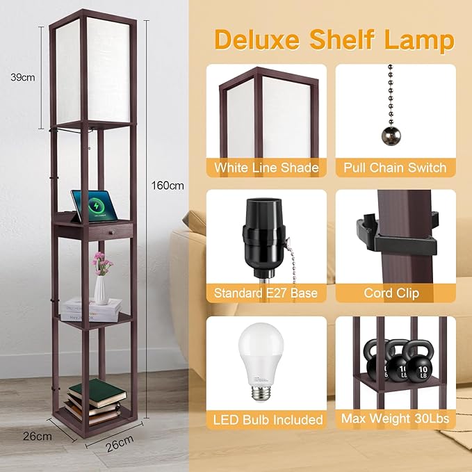 OUTON Deluxe Shelf Floor Lamp with 1 Drawer, 2 USB-C Ports, 2 AC Outlets, LED Modern Floor Lamp with 3 Color Temperature, Storage Display Wood Standing Lamp for Living Room, Bedroom, Office (Walnut)