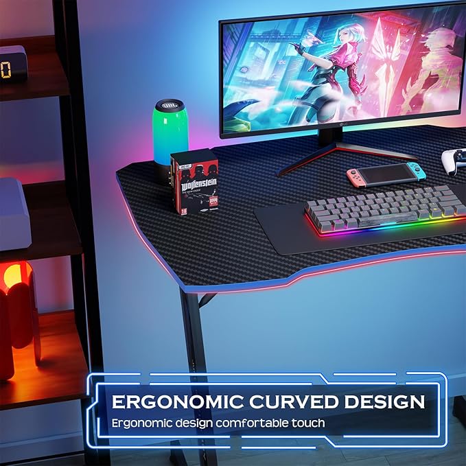 PayLessHere | 35" Gaming Table | Blue | Z-Shaped Computer Desk with Steel Frame, Headphone Hook, Adjustable Feet | Carbon Fiber Texture Surface, Sweat & Waterproof | for Gaming, Home Office