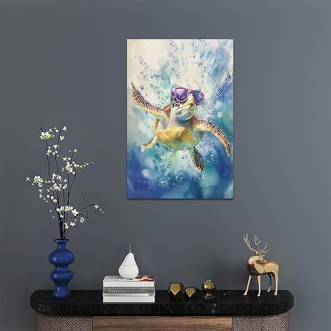 Sea Turtle Bathroom Decor Funny Turtle Ocean Bathroom Wall Art Sea Turtle Nautical Pictures Prints Turtles Gift Painting Sea Turtles Framed Artwork for Bedroom Living Room 16"x24"