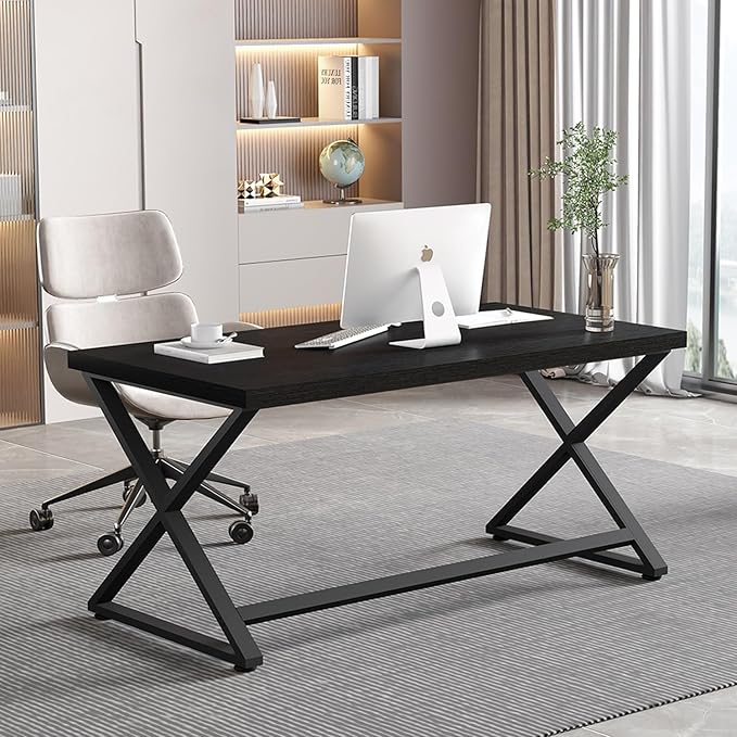 IBF Black Desk, Modern Computer Desk for Home Office, Industrial Simple Pc Gaming Writing Study Desk in Bedroom, Wood Metal Laptop Workstation Executive Work Computer Table, Black Oak, 55 Inch