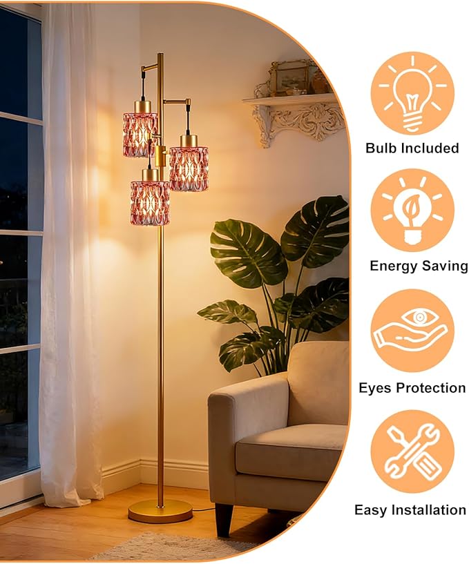 3-Light Floor Lamps for Living Room, Farmhouse Dimmable Gold Floor Lamp with Rose Red Glass Shade& Bulbs Included, Mid Century Standing Tall Lamp for Bedroom/Sofa Beside/Corner