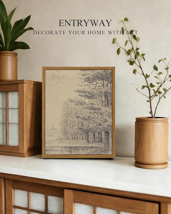 InSimSea Framed Canvas Print Art, Vintage Sketch Forest Woodland Landscape Painting, Rustic Farmhouse Cottage Decor for Hallway Wall Floating Shelf Desk Vanity Fireplace,10x8in, Neutral Tones