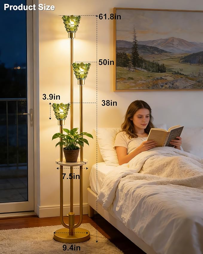 Lightdot Green Glass Floor Lamp with Shelf, 63IN Mid Century Modern Gold Standing Lamps with 3 3000K Soft Warm White Bulbs Included, Floor Lamp for Living Room/Wedding/Office