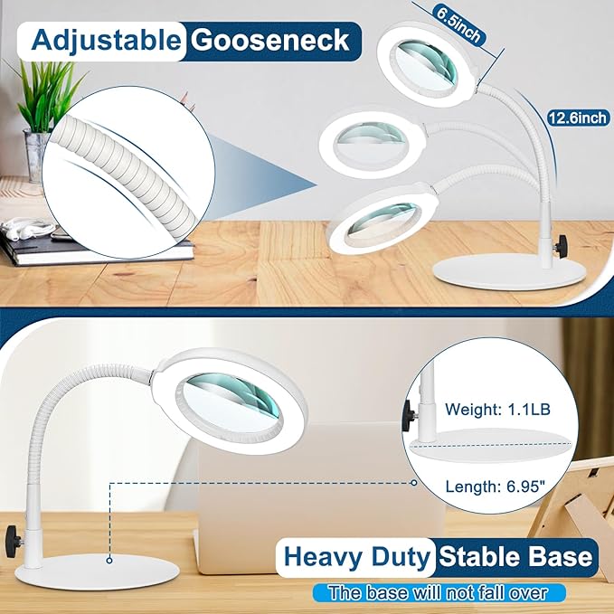 10X Magnifying Glass with Light, Real Glass Lens, 5 Color Modes Dimmable, Flexible Gooseneck Lighted Magnifier with Stand, LED Desk Lamp Hands Free for Crafts Painting Reading Close Work, White