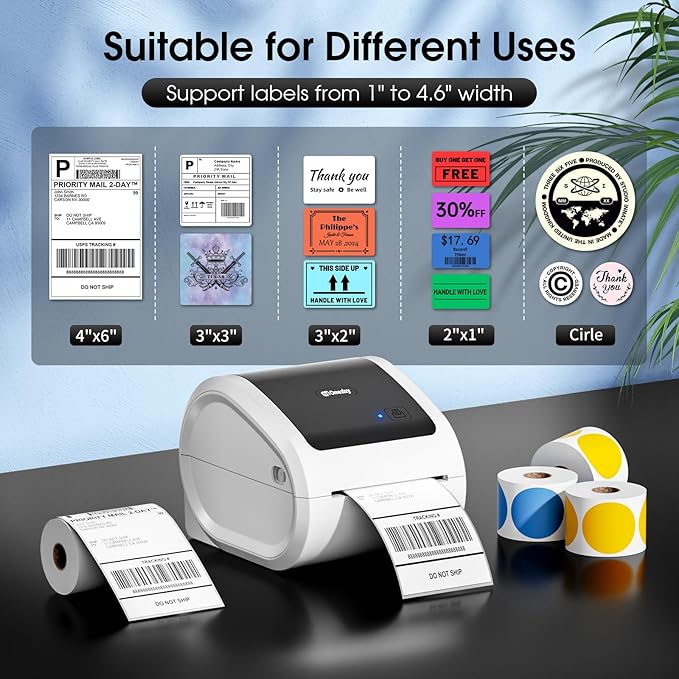 Bluetooth Shipping Label Printer with 1 Roll Labels - D520BT Thermal Label Printer, Thermal Printers with Built-in Label Holder, Come with 500PCS 4x6‬ White Labels (500 Labels/Roll)