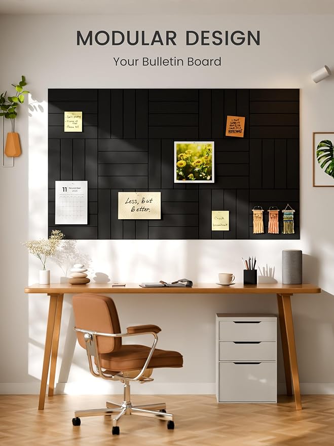 Bumusty Large Cork Board Alternative-36 x 24" Felt Bulletin Board Tiles, with 30 Pushpins, 40 Adhesive Tabs, 6-Pack Slat Wall Paneling, Cork Boards for Office Push Pin Board Felt Board-Black