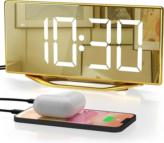 Digital Alarm Clock for Bedrooms, Slim LED Desk Clock with Gold Mirror Finish, 7 Levels Brightness, Dual USB Ports, Snooze, 12/24H, 8.7" Large Display Modern Bedside Clock for Home Office Decor
