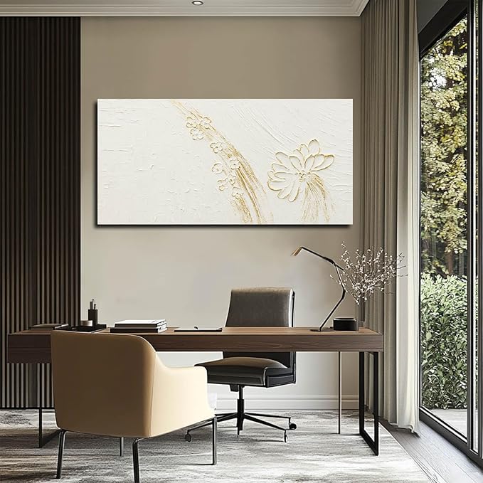 VAYIMDH White Paintings Texture Wall Art Canvas Pictures Gold Hand Drawn Arts Beautiful Floral Wall Decor for Home Office 24"x48"
