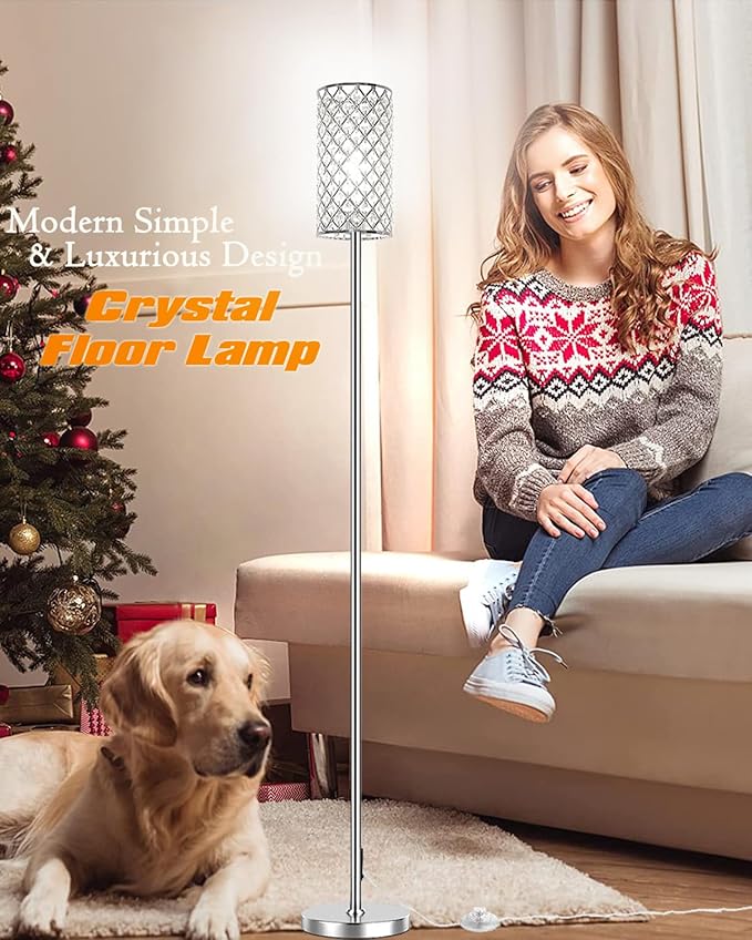Crystal Floor Lamps - Modern Silver Standing Lamp with 3 CCT LED Bulbs for Elegant Home Decor Living Room and Bedroom Lighting