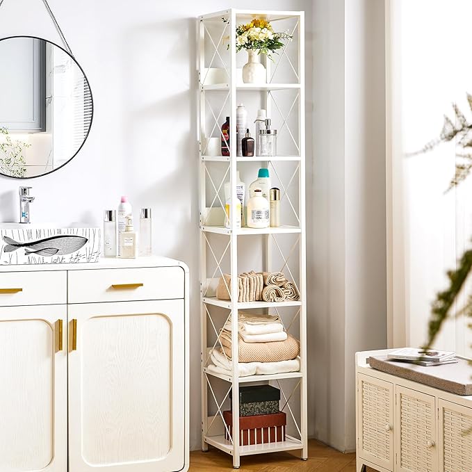 IBUYKE 6-Tier Tall Narrow Bookcase,Wood Corner Shelf Storage Display Rack for Small Spaces,Free Standing Open Bookshelf Square Shelf Tower for Home Office Living Room Bathroom, White UTBC001W