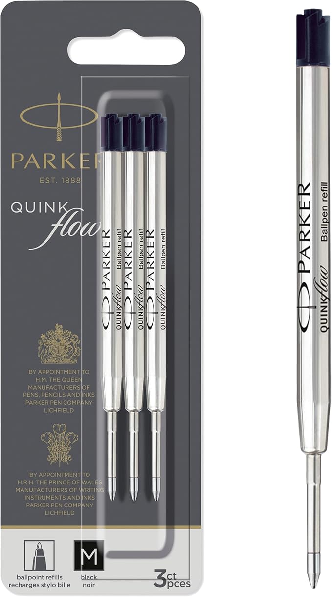 Parker QUINKflow Ballpoint Pen Ink Refills, Medium Tip, Black, 3 Count - For Everyday Writing