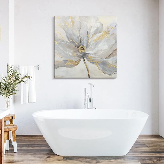 Goldfoilart Flower Canvas Wall Art Abstract Floral Picture with Gold Foil Embellishment Oil Painting Textured Print on Canvas Large for Bedroom Bathroom Living Room Home Decor 32" x 32"