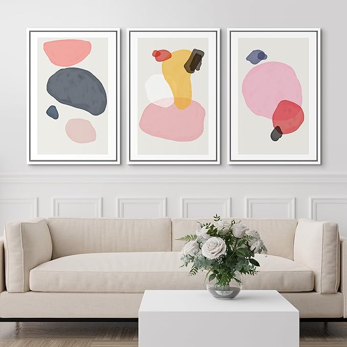 SIGNFORD Framed Wall Art Print Set Pink, Gray, Red & Yellow Transparent Blots Abstract Shapes Digital Art Modern Art Contemporary Colorful for Living Room, Bedroom, Office - 24"x36"x3 White