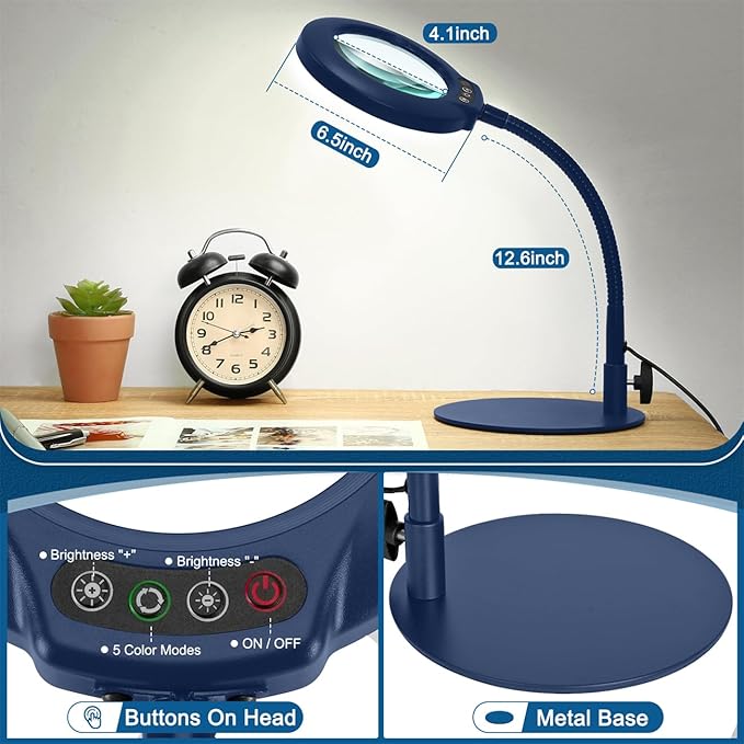 10X Magnifying Glass with Light, Real Glass Lens, 5 Color Modes Dimmable, Flexible Gooseneck Lighted Magnifier with Stand, LED Desk Lamp Hands Free for Crafts Painting Reading Close Work, Blue
