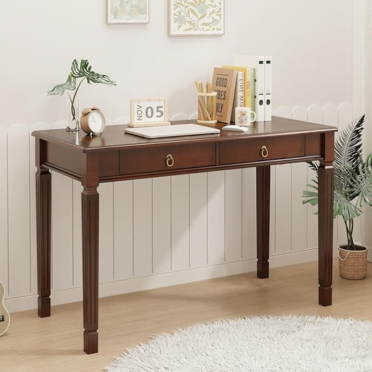 Computer Writing Desk with 2 Storage Drawers, 46"W French Provincial Corner Desk Table with Carved Legs, Solid Wood Large Vanity Dressing Desk, Home Office Table,Easy Assembly, Dark Cherry BSZ-D1258