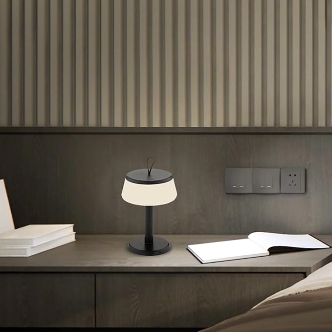 Campura LED Cordless USB-C Re-Chargeable Desk Lamp, 5200mAh Battery Operated with Fingertip Touch Dimming On/Off and Adj Height Stems or Lantern Mode in Black
