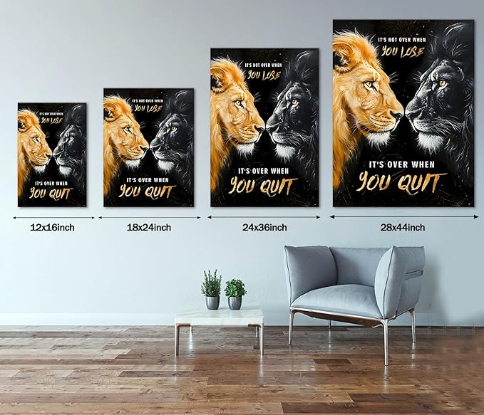 Inspirational Black and Gold Lion Wall Art - It's Not Over When You Lose, It's Over When You Quit Quotes Wall Decor Motivational Animal Poster for Office Home Man's Room, Framed 24"x36"