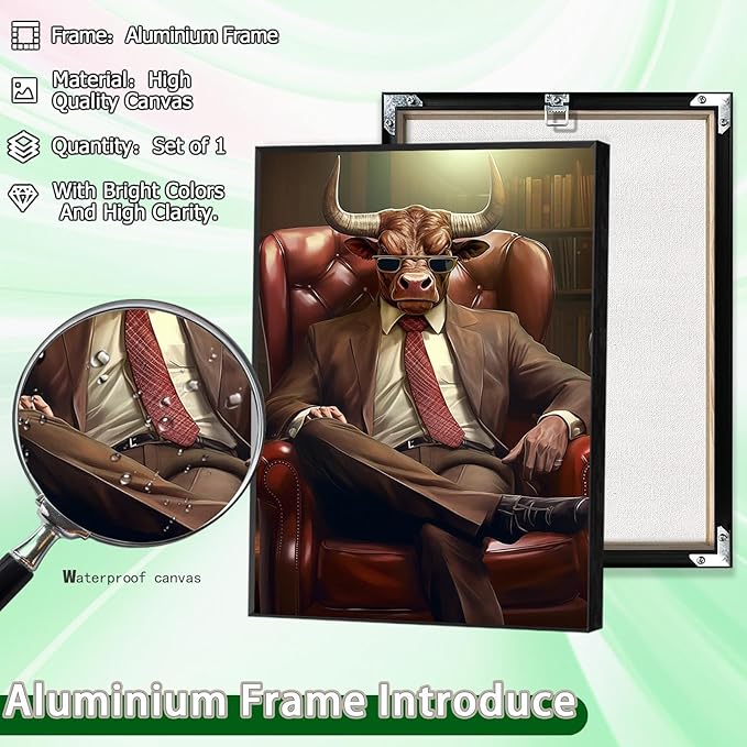 Trendy Suit Animal Cow Portrait Wall Art Funny Boss Cow Canvas Posters Work Struggle Motivation Inspiring Prints Painting For Office Living Room Wall Decor 16x24in Framed