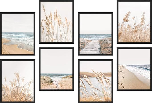 SIGNWIN Framed Poster Wall Art Set of Coastal, Beach Ocean Nature Landscape Prints, Pampas Grass for Living Room, Bedroom, Office - 12"x16"x 8 Black