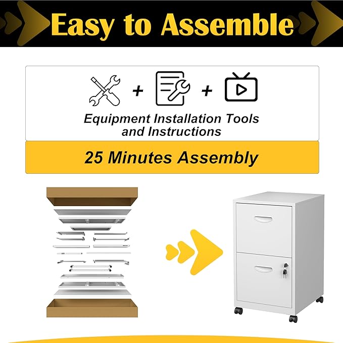 2 Drawer File Cabinet with Lock，White Rolling File Cabinet for Home Office, Metal Small Mobile Filing Cabinets on Wheels for Hanging Letter