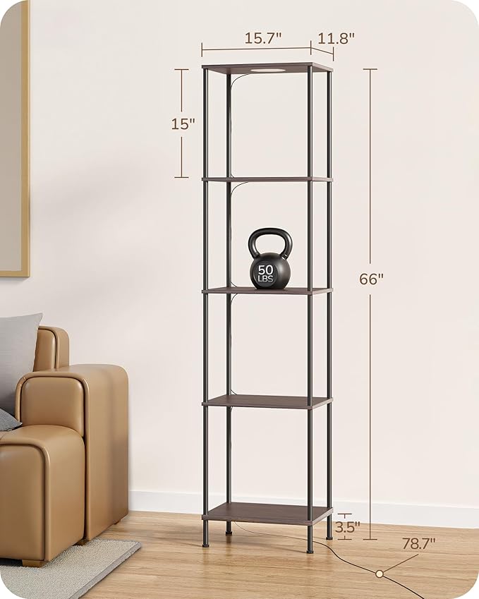 EDISHINE RGBW Floor Lamp, 5-Tier Display Shelf with Light, Adjustable Brightness & Color Temperature, 3 Lighting Modes, Remote Control, Stable Floor Lamps for Living Room, Bedroom, Study, Dark Walnut