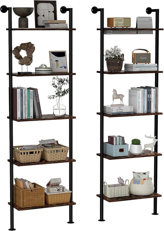 5-Tier Bookshelf - Solid Wood Narrow Ladder Shelf Set of 2, Wall Mount Bookcase for Living Room, Bedroom - Industrial Style, Dark Brown