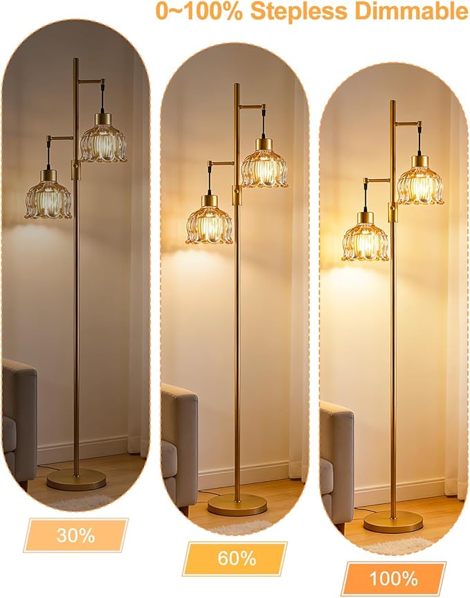 Lightdot 2- Light Gold Flower Floor Lamp, 65IN Brown Glass Floor Lamps with 3000K Warm White Bulbs, Modern Standing Tall Lamp for Living Room Bedroom Home Office Corner Sofa Beside