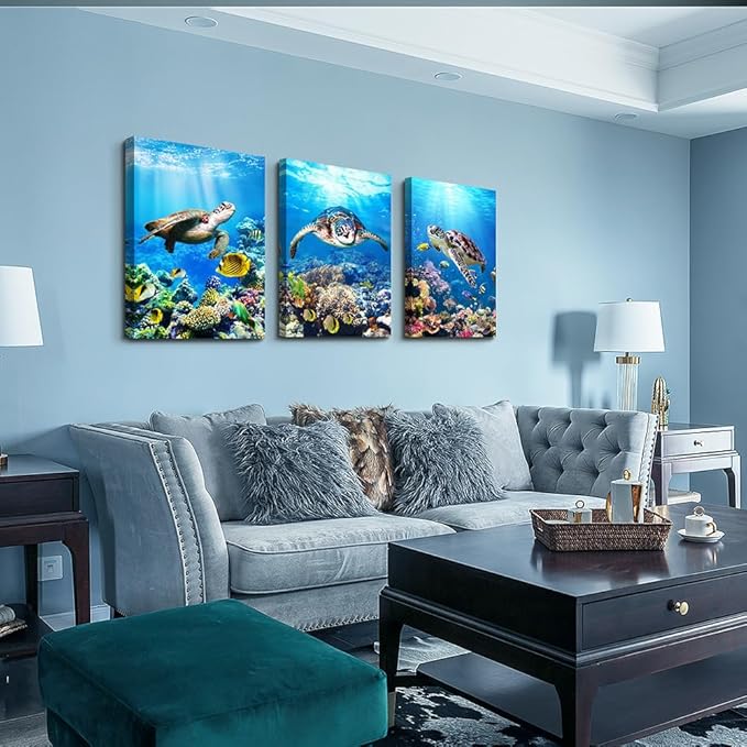 MHARTK66 Canvas Wall Decor - Modern Sea Turtle Wall Art, Ocean Pictures, 3 Piece Large Artwork for Bedroom, Living Room, Office, Bathroom