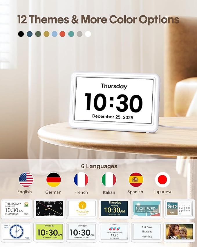 Digital Clock with Date and Week for Seniors, Alzheimer's Dementia Clock with 20 Alarms and 6 Medicine Reminders, Large Font Digital Calendar Alarm Clock for Vision Impaired, White (Ac Powered)