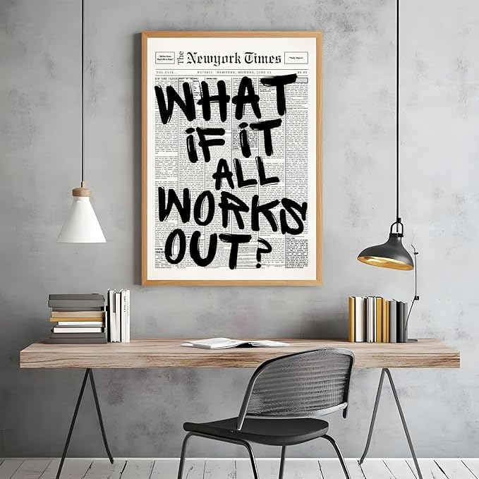 What If It All Works Out Wall Art Retro Black and White Newspaper Motivational Poster Positive Affirming Quote Minimalist Canvas Print for Bedroom Living Room Home Decor 16x24inch Wood Color Framed