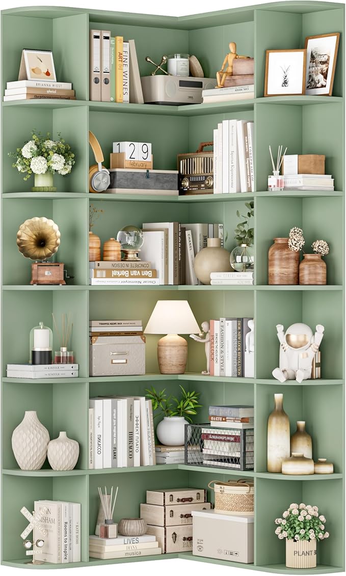 FOTOSOK 74” Tall Corner Bookshelf, 6-Tier Bookshelf and Bookcase with Open Storage, Tall Bookcases Wooden Storage Shelves for Home Office, Thickened Boards for Better Load Bearing, Green