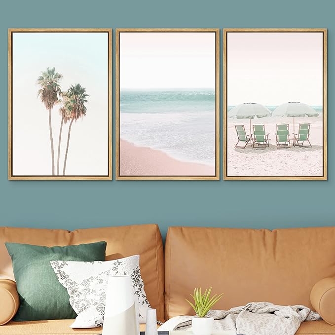 SIGNWIN Framed Canvas Print Wall Art Set Retro Vintage Pastel Tropical Island Beach Nature Wilderness Photography Modern Art Landscape Relax/Calm for Living Room, Bedroom, Office - 24"x36"x3 Natural