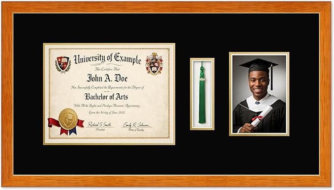 CountryArtHouse Diploma Tassel and Photo Shadowbox Fits 11 x 8.5 US Letter Certificate with Tassel Hook and Honey Oak Genuine Hardwood with Black Over Metallic Gold Double mat