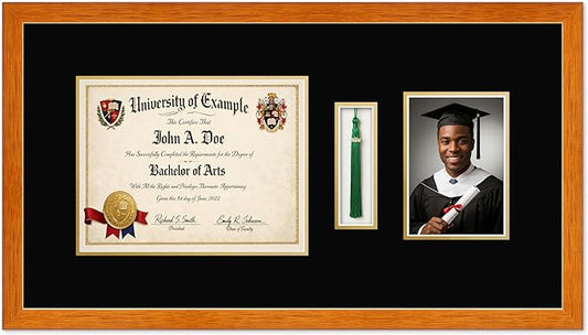 CountryArtHouse Diploma Tassel and Photo Shadowbox Fits 11 x 8.5 US Letter Certificate with Tassel Hook and Honey Oak Genuine Hardwood with Black Over Metallic Gold Double mat