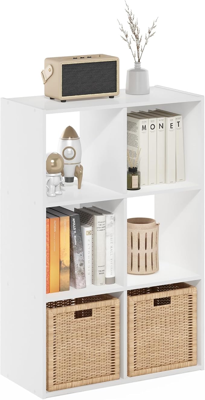 Furinno PELLI Book Shelf, 6 Cube Bookshelf with Open Back & Closed Back Cubes, 3 x 2 Storage Organizer Cabinet, 11.6 x 24.2 x 35.9, for Living Room, Bedroom, Home Office, White