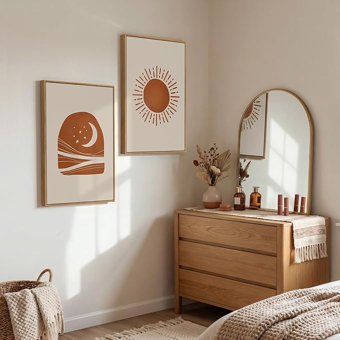 Framed Boho Abstract Sun and Moon Wall Art Set of 2, Mid Century Modern Minimalist Neutral Canvas Artwork for Walls, Terracotta Beige Bohemian Celestial Living Room Bedroom Home Wall Decor, 16x24 Inch