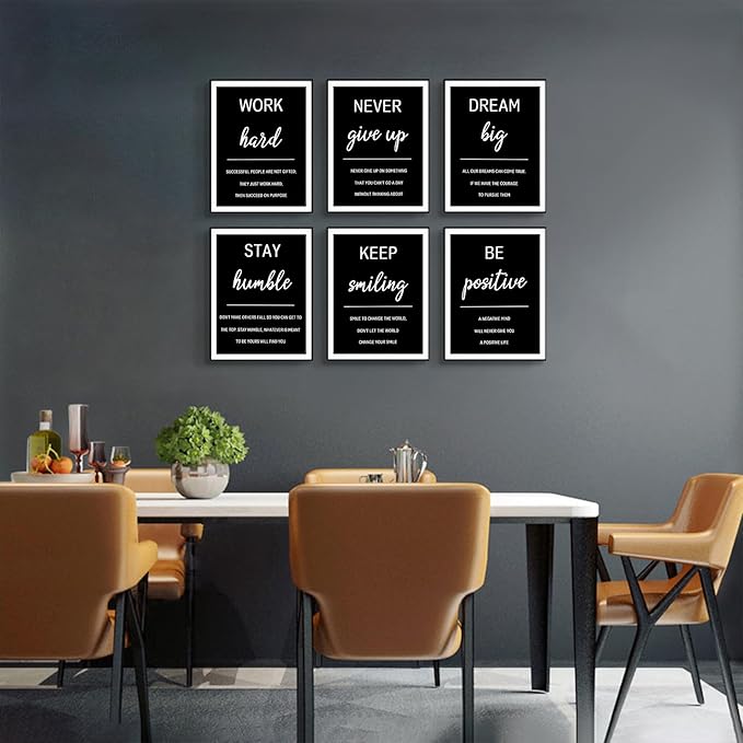 Motivational Quotes Wall Art Set,6 Piece Office Inspirational Wall Decor,Black and White Positive Quotes Canvas Prints,Work Hard,Never Give Up Painting for Office Bedroom Living Room 12x16in Posters