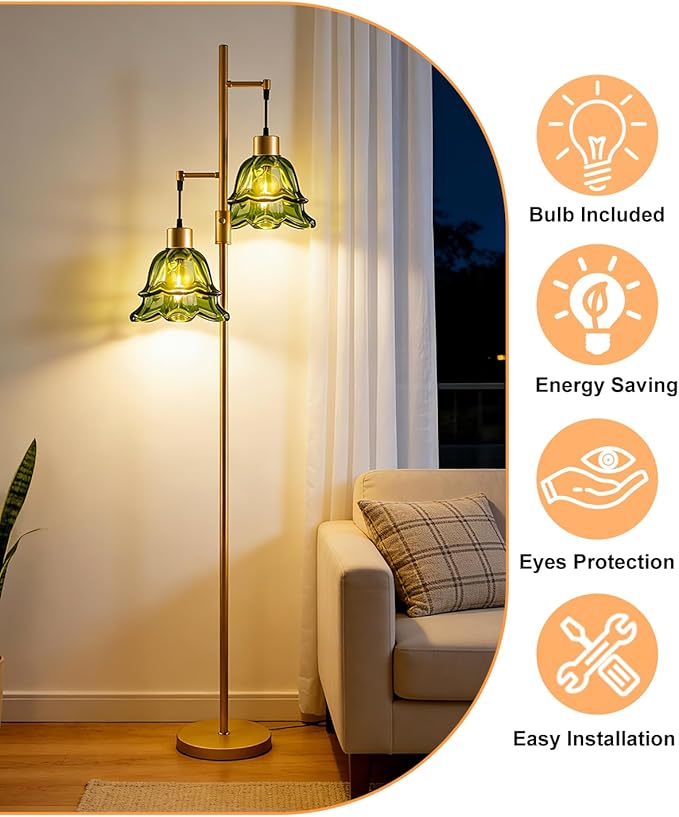 2-Light Gold Dimmable Floor Lamp for Living Room, 65IN Tall Standing Lamps with Green Glass Lampshade, 3000K Warmwhite Mid Century Modern Floor Lamp for Bedroom/Sofa Beside/Corner Decor