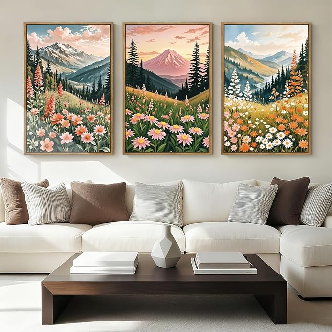 ANHUIB Extra Large Wildflower Wall Art Boho Wildflower Wall Decor 24x36 Inch Colorful Mountain Wall Art Set of 3 for Living Room Bedroom Dining Room