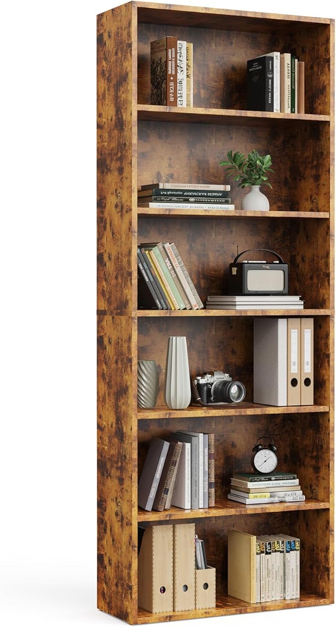 Book Shelf, 6-Tier Bookcase with Adjustable Shelves, Open Storage Shelves for Organization, 23.82 x 9.25 x 63, for Bedroom, Living Room, Home, Office, Rustic Brown