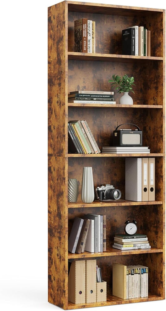 Book Shelf, 6-Tier Bookcase with Adjustable Shelves, Open Storage Shelves for Organization, 23.82 x 9.25 x 63, for Bedroom, Living Room, Home, Office, Rustic Brown