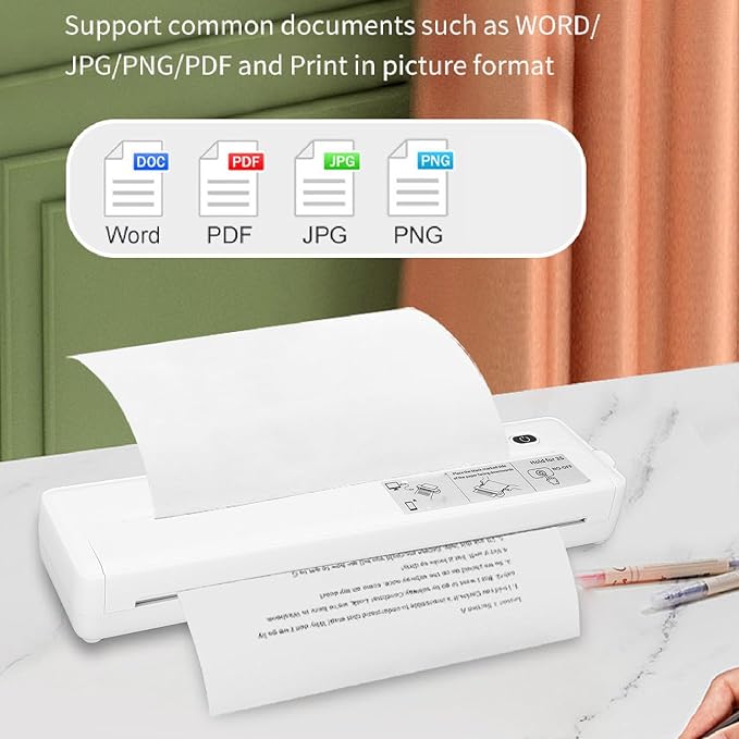 Marhynchus A4 Thermal Printer, Portable Inkless BT Printer with 203DPI High Resolution and 1800mAh Battery, for Office Car Home Use