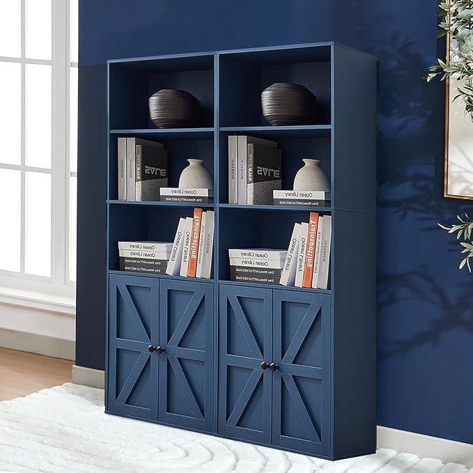 Bookshelves and Bookcases with Barn Doors Set of 2, Farmhouse Bookshelf with Display Shelves, Floor Standing 5-Tier Book Shelf with Storage Cabinet for Home Office, Living Room, Bedroom