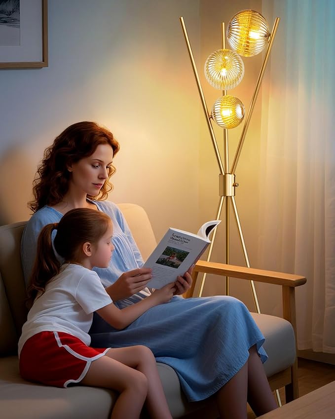 Lightdot Dimmable Tripod Floor Lamp Gold Art Deco Floor Lamp with Brown Globe Glass Lampshade 3Pcs Bulbs Included Tripod Standing Lamp for Living Room/Bedroom/Sofa Beside/Corner Decor